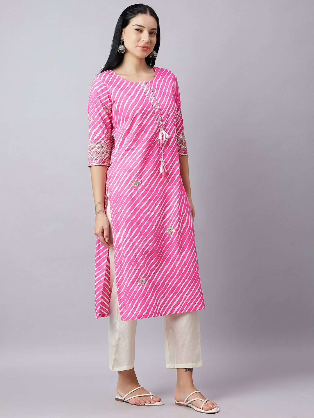 Pink Striped Gota Work Cotton Kurta for Women