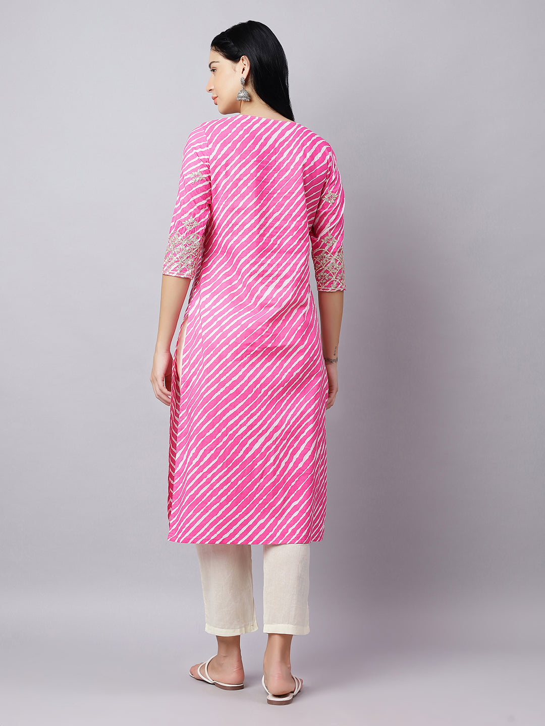 Pink Striped Gota Work Cotton Kurta for Women
