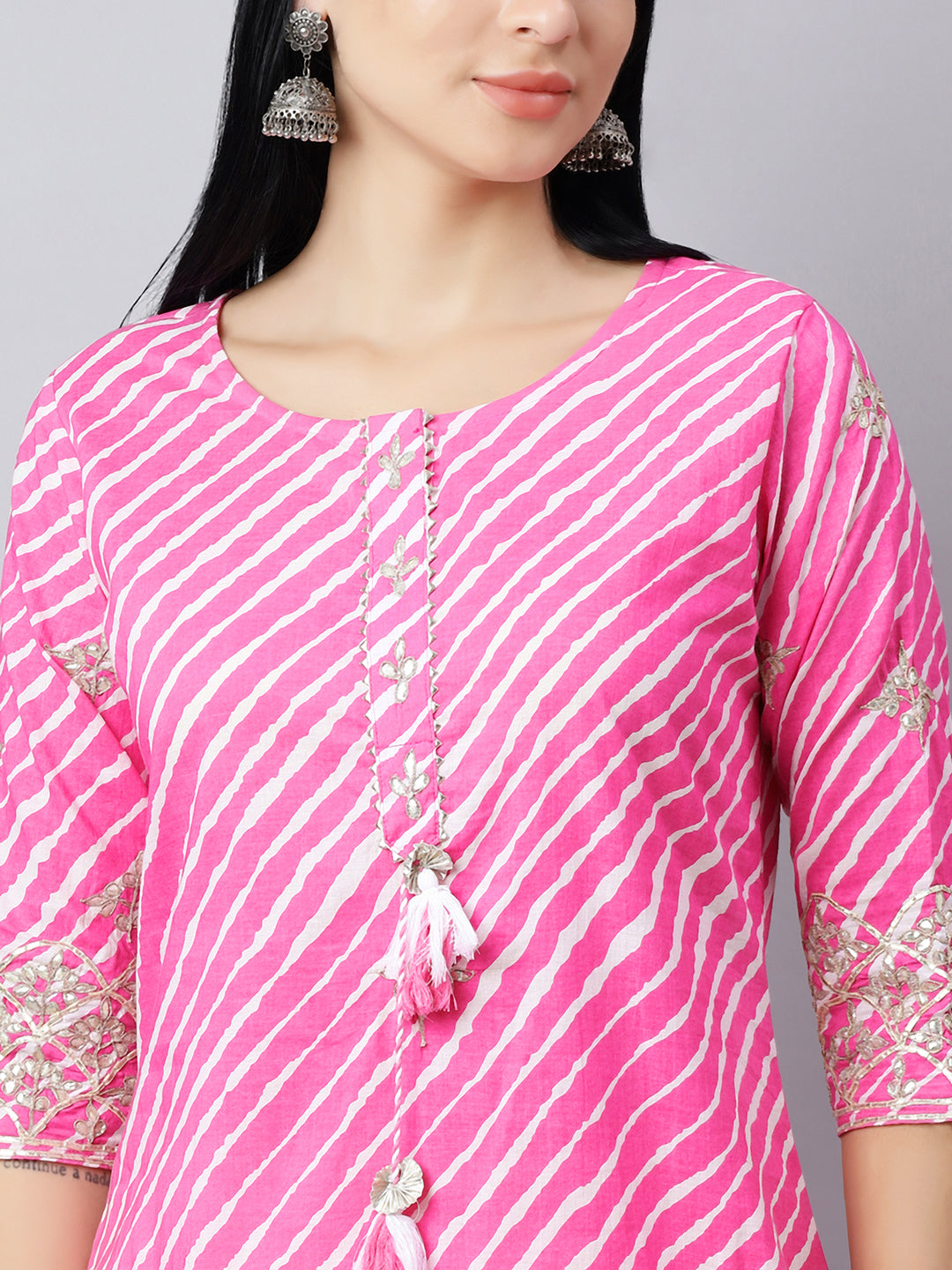 Pink Striped Gota Work Cotton Kurta for Women