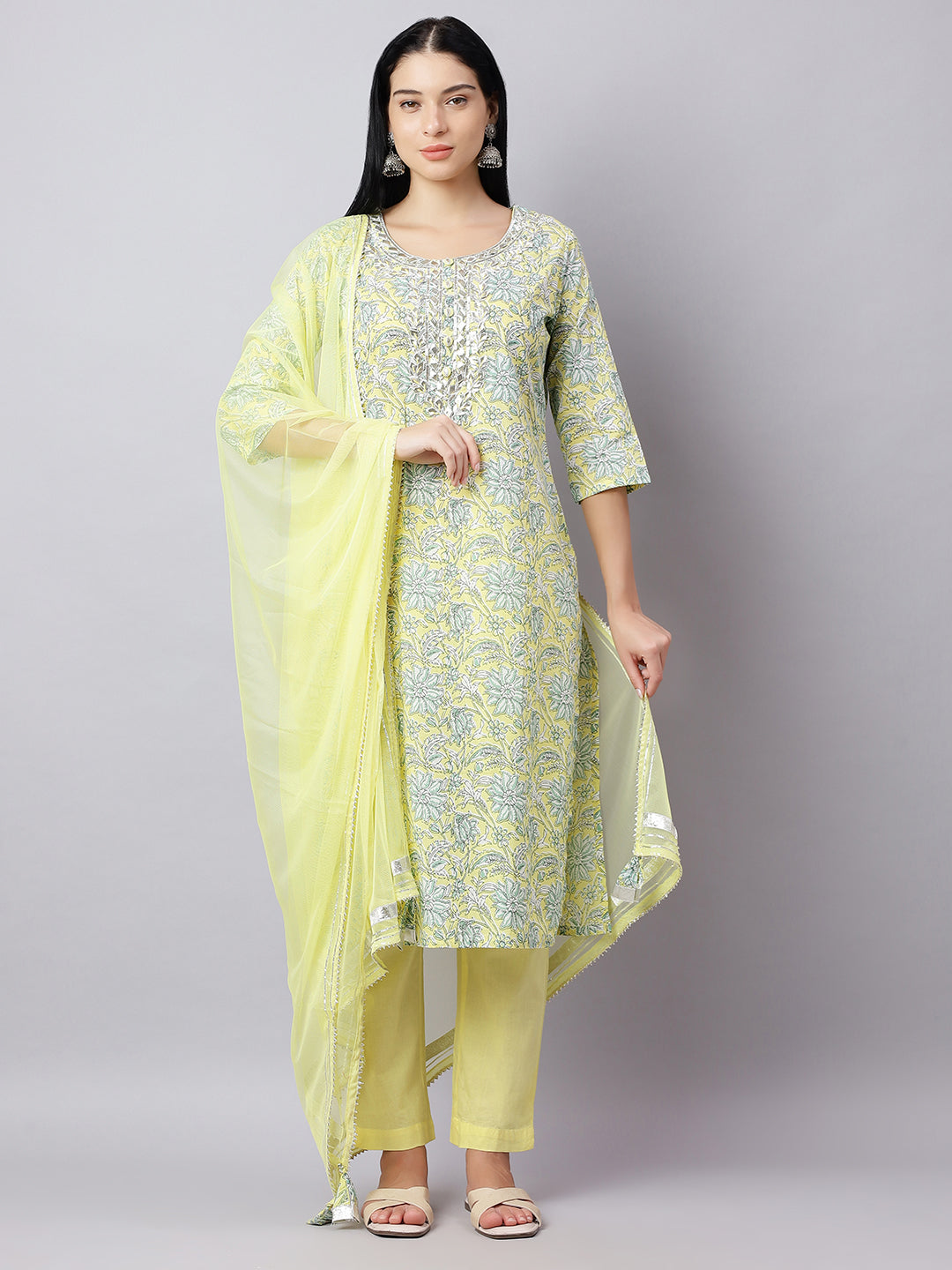 Yellow Floral Cotton Kurta Set with Gota-Patti Work & Dupatta