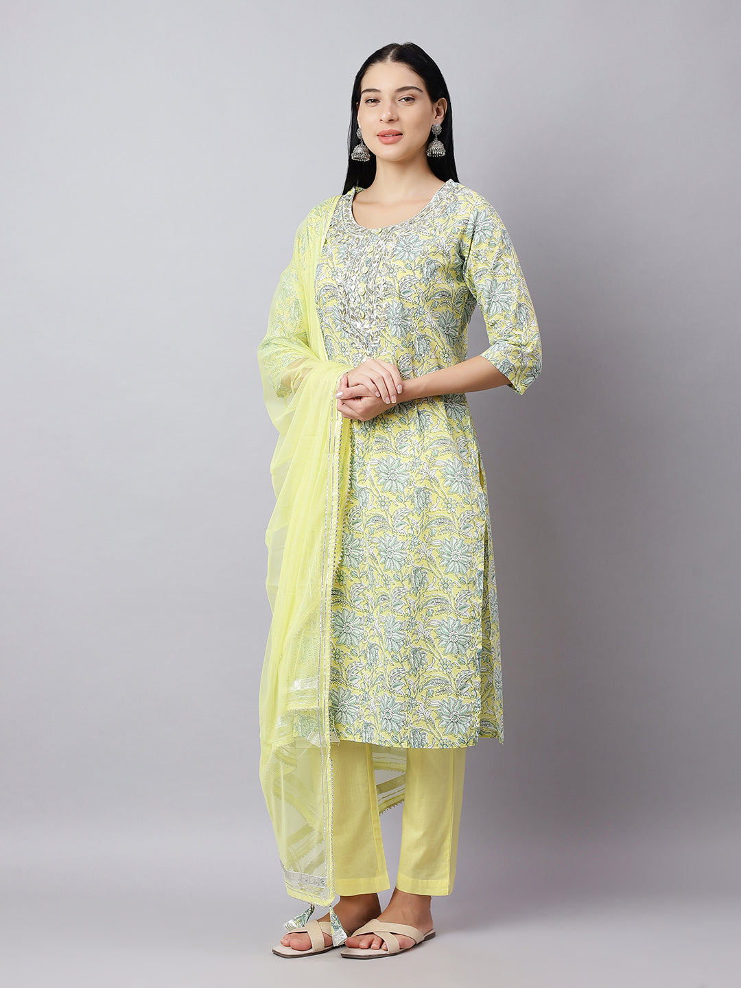 Yellow Floral Cotton Kurta Set with Gota-Patti Work & Dupatta