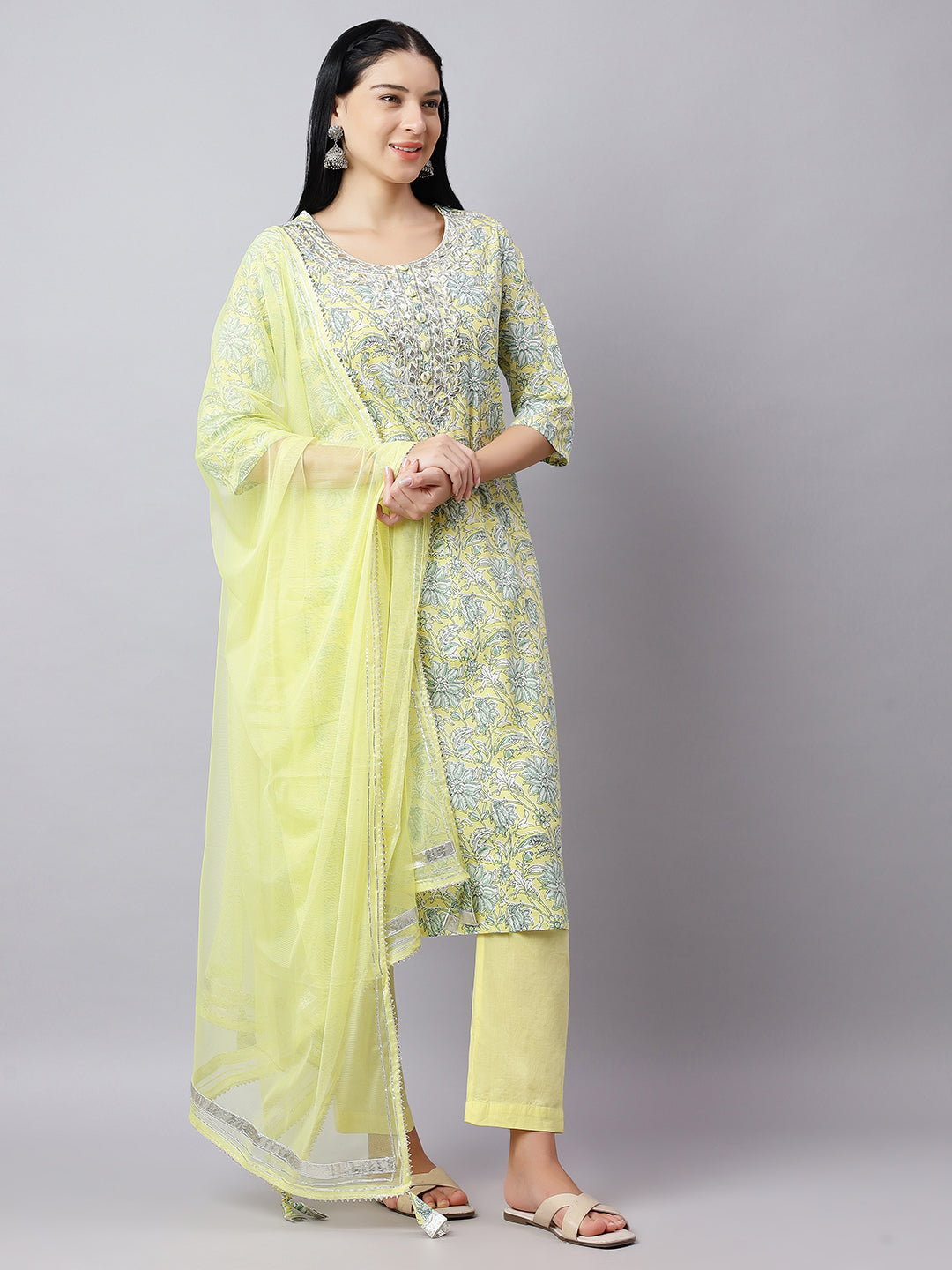 Yellow Floral Cotton Kurta Set with Gota-Patti Work & Dupatta