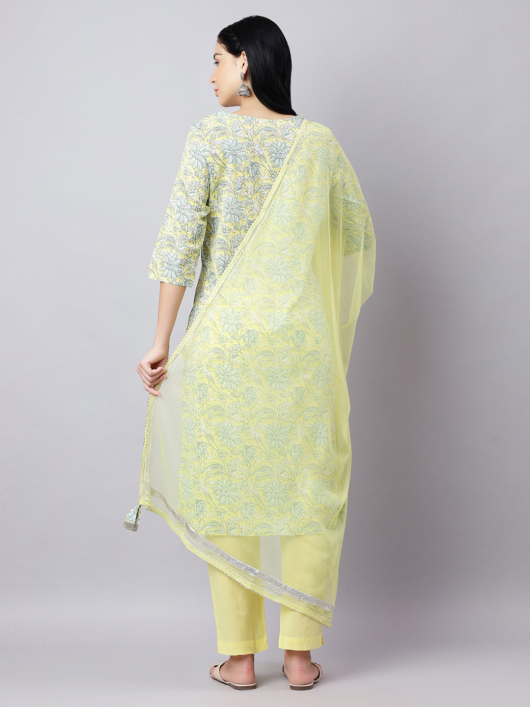 Yellow Floral Cotton Kurta Set with Gota-Patti Work & Dupatta