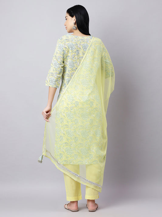 Yellow Floral Cotton Kurta Set with Mirror Work & Dupatta