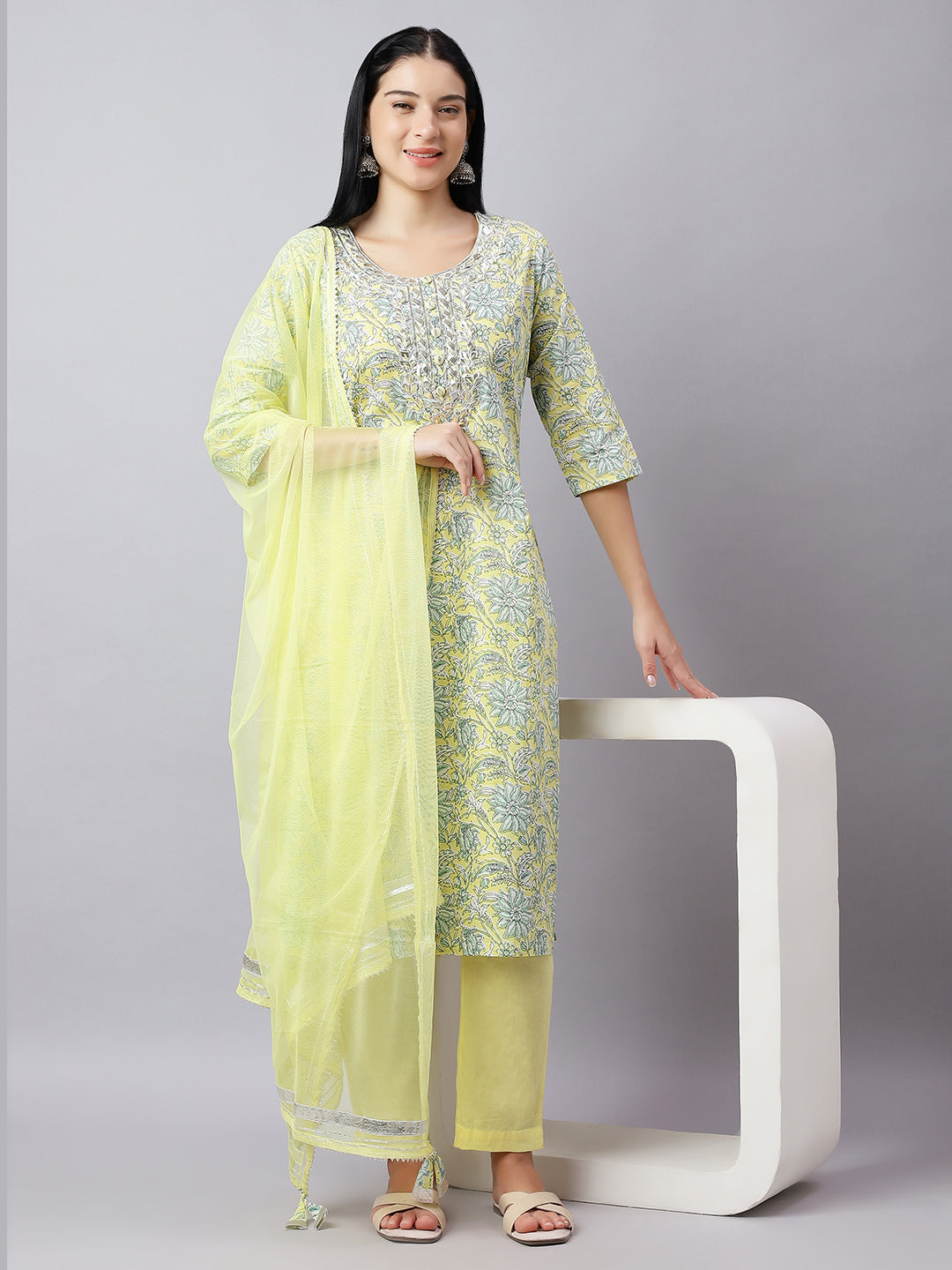 Yellow Floral Cotton Kurta Set with Gota-Patti Work & Dupatta