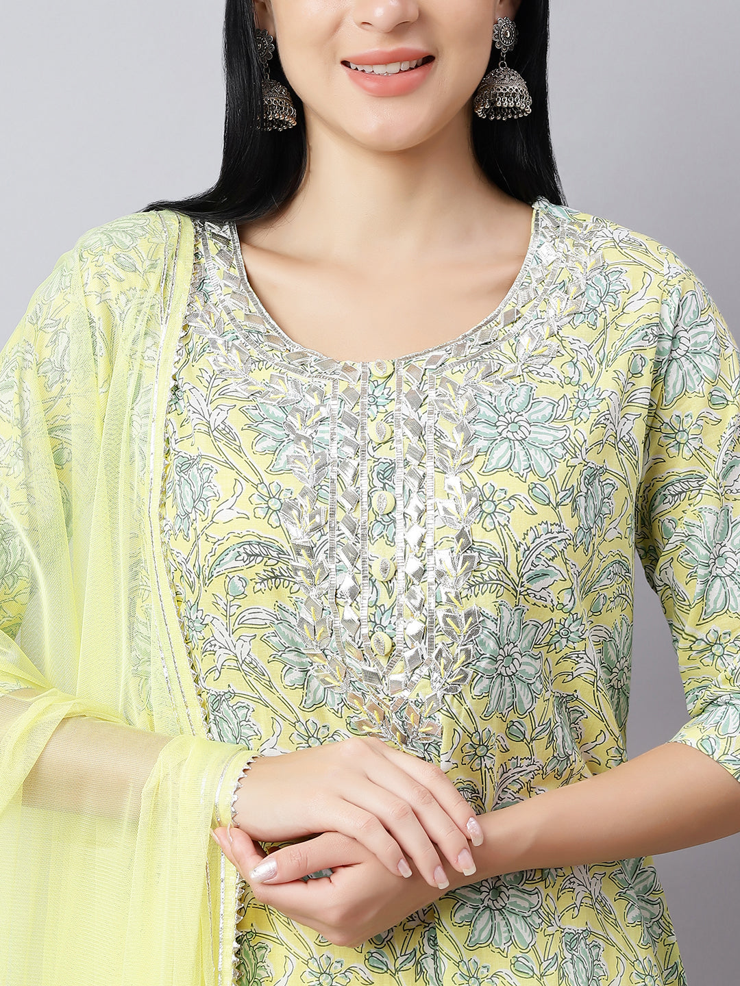 Yellow Floral Cotton Kurta Set with Gota-Patti Work & Dupatta