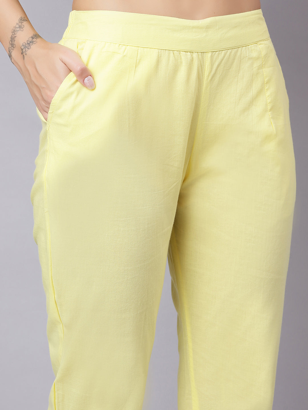 Yellow Floral Cotton Kurta Set with Gota-Patti Work & Dupatta