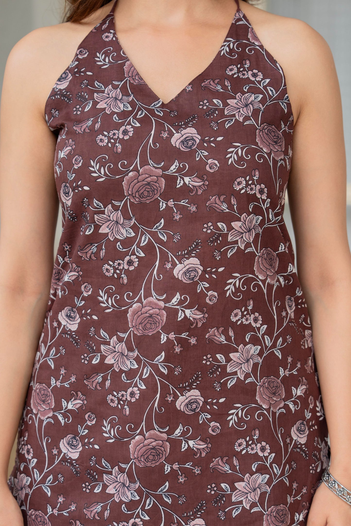 Brown Cotton Halter Neck Top with Back Tie