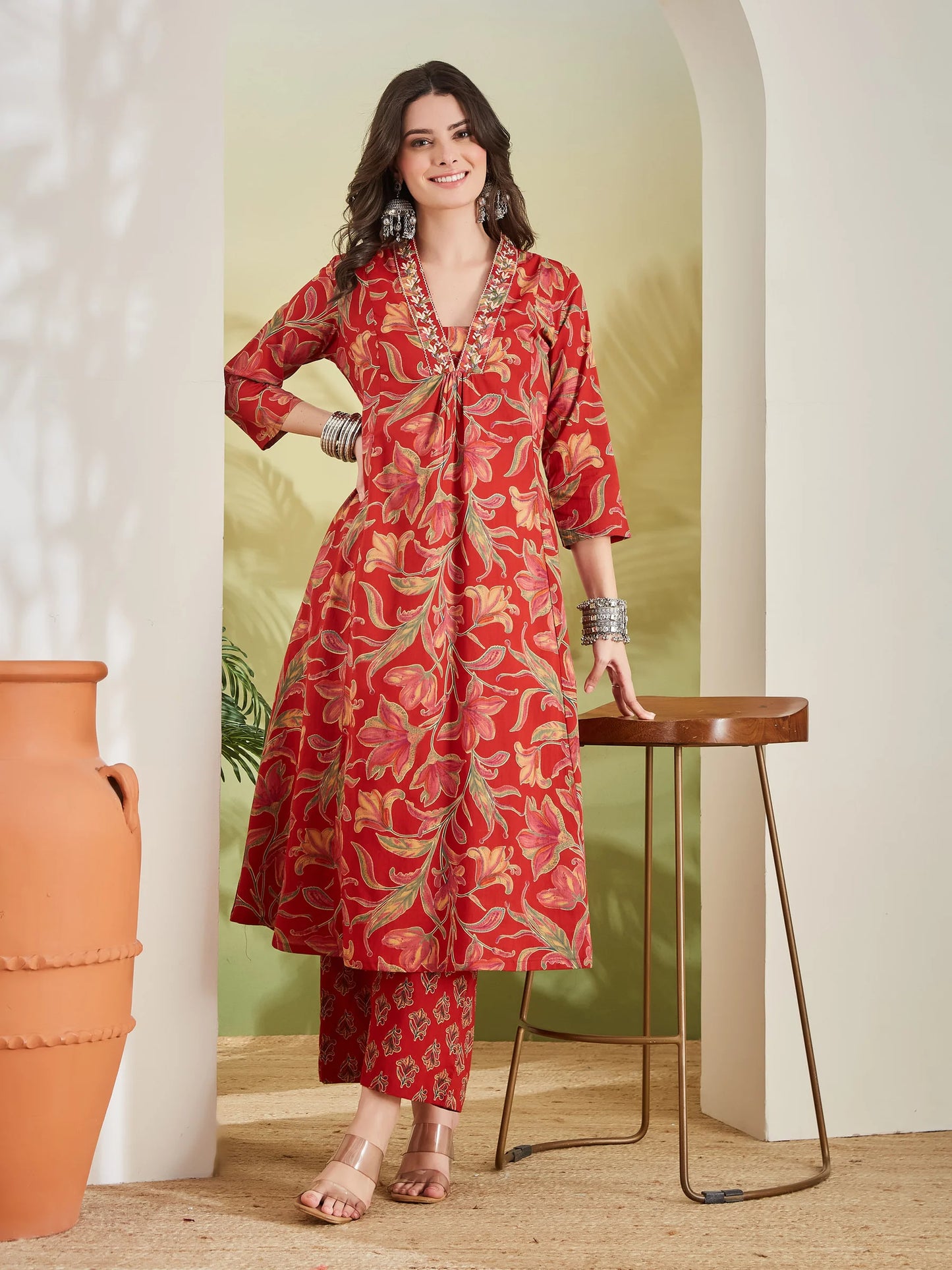 100% Cotton Red Floral Printed Kurta Palazzo Set for Women