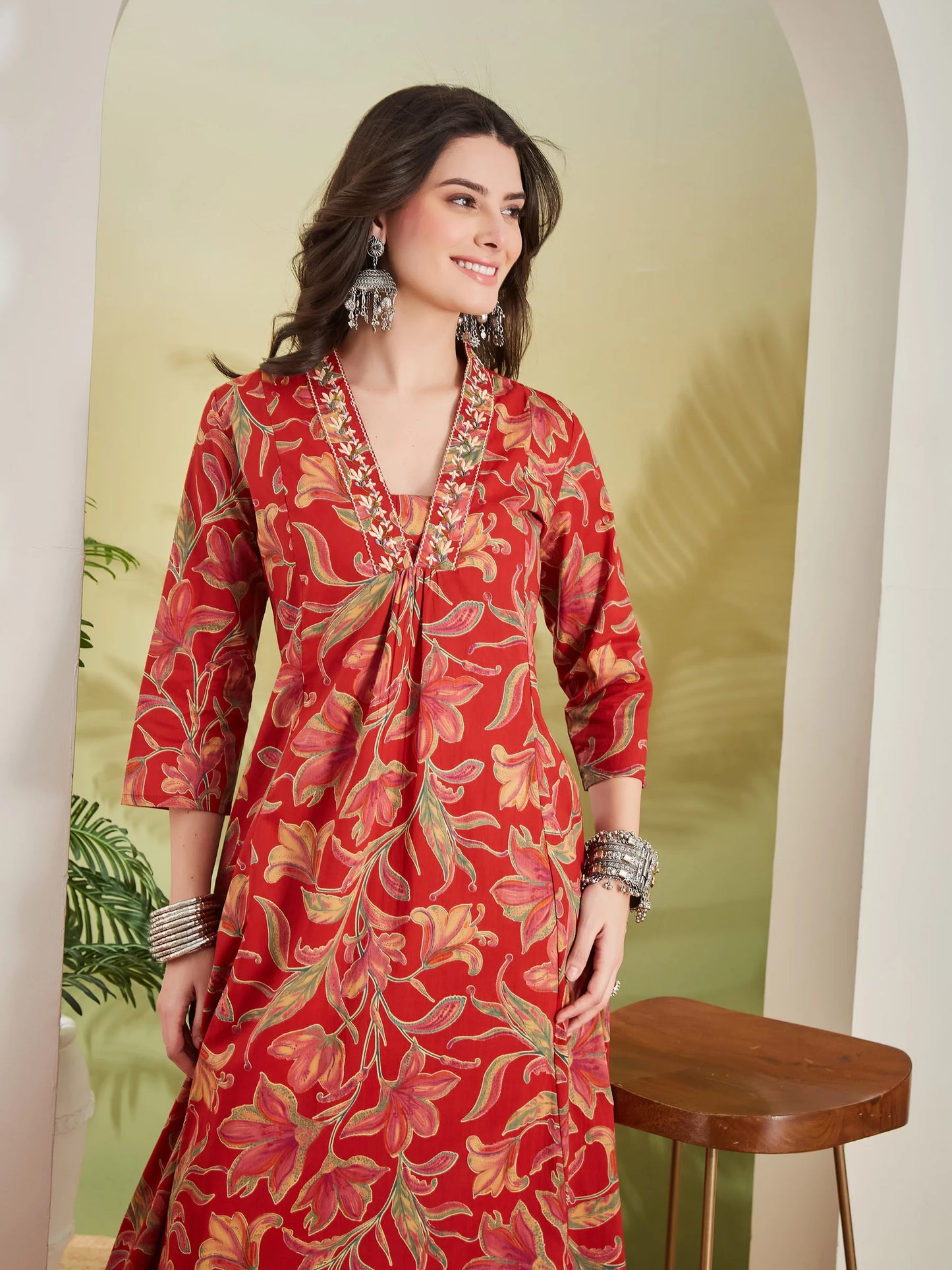 100% Cotton Red Floral Printed Kurta Palazzo Set for Women