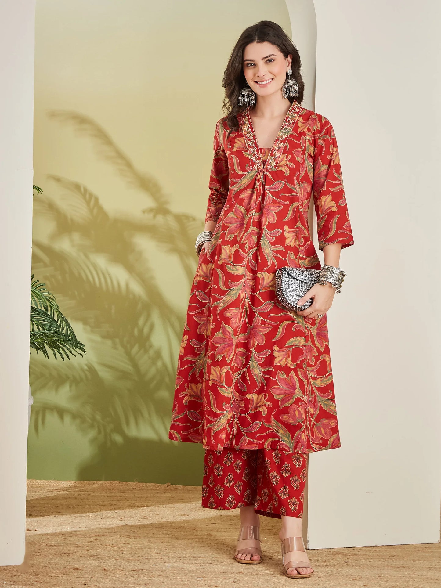 100% Cotton Red Floral Printed Kurta Palazzo Set for Women