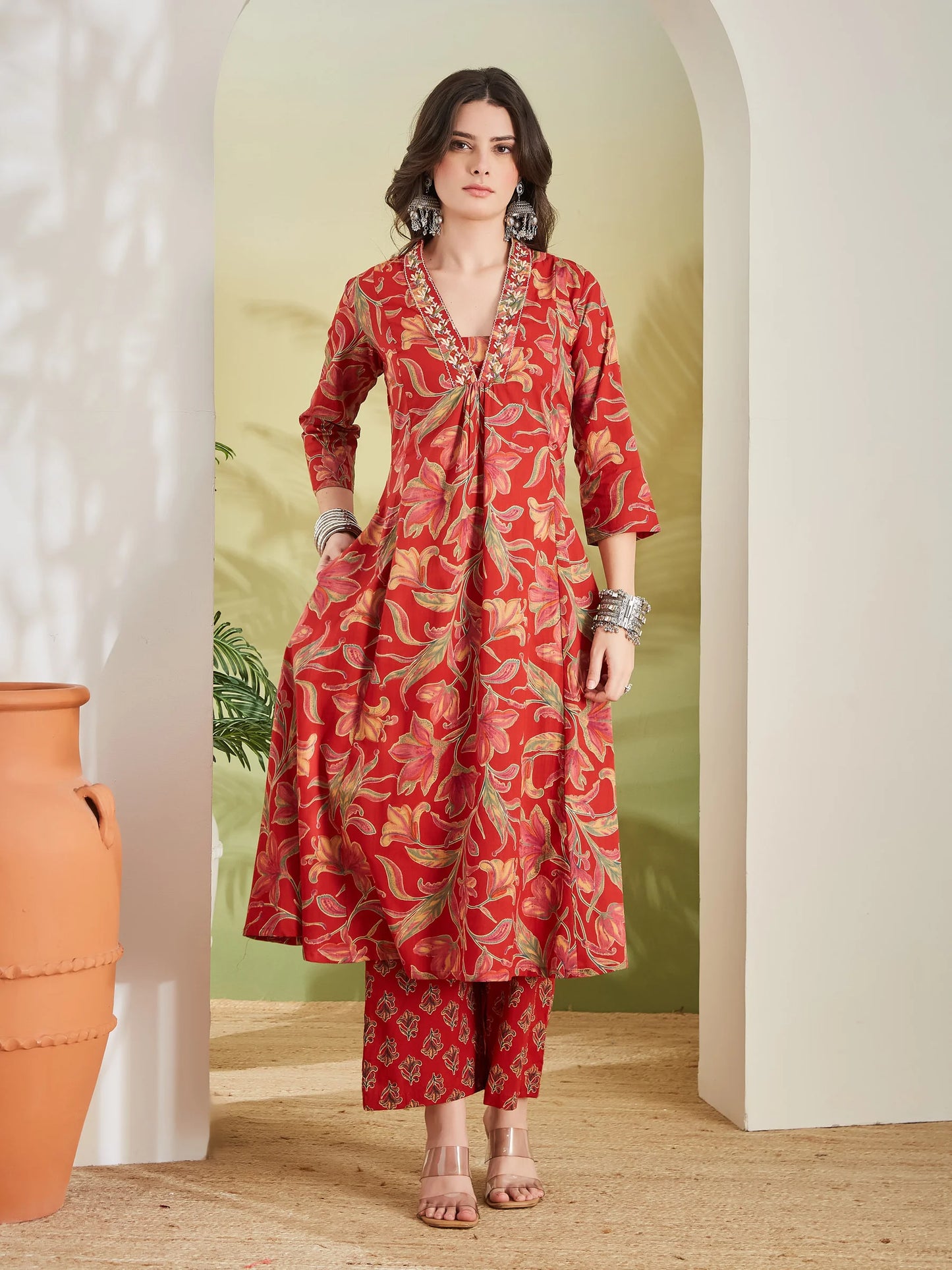 100% Cotton Red Floral Printed Kurta Palazzo Set for Women