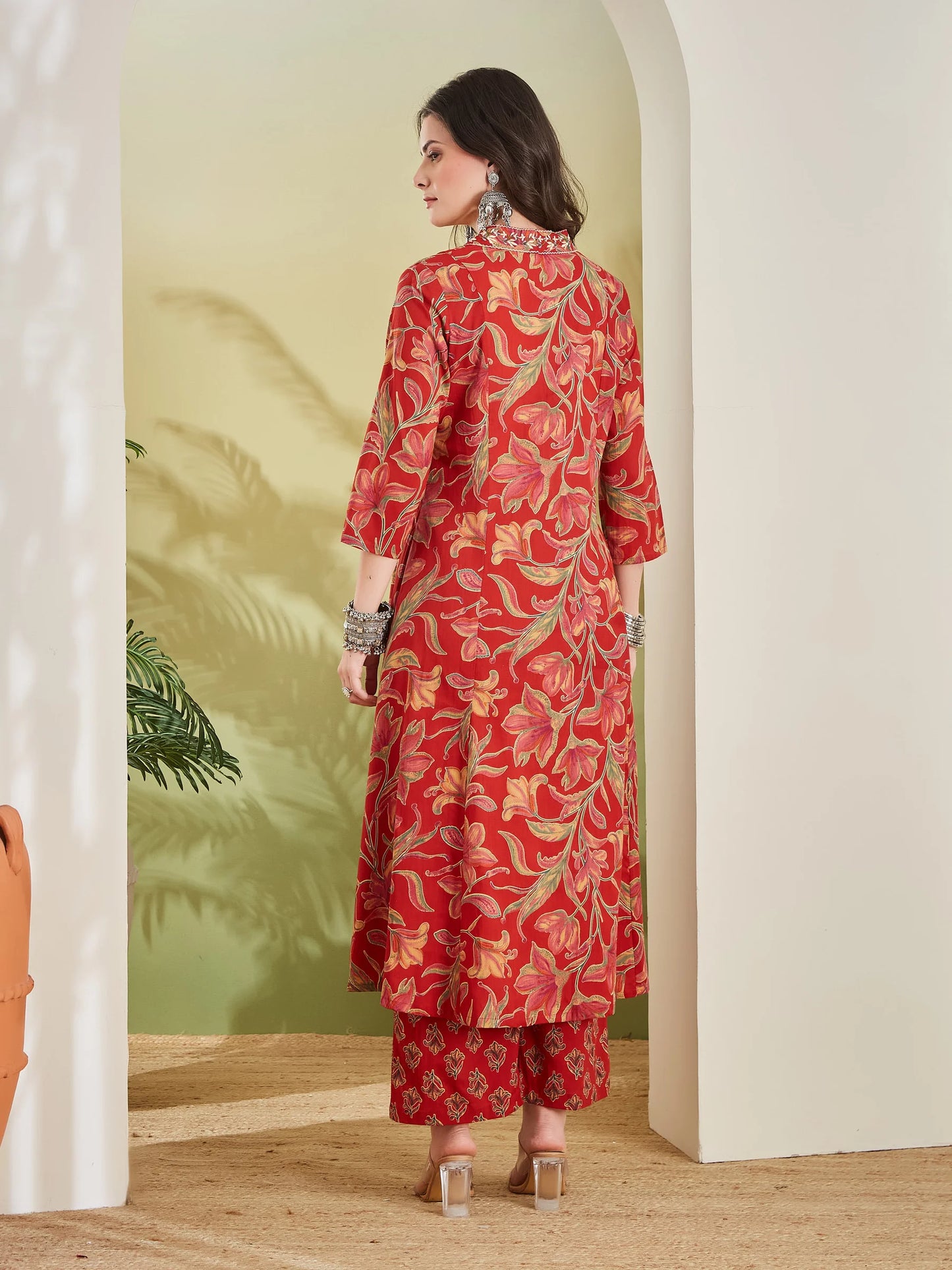 100% Cotton Red Floral Printed Kurta Palazzo Set for Women