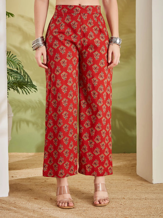 100% Cotton Red Floral Printed Kurta Palazzo Set for Women