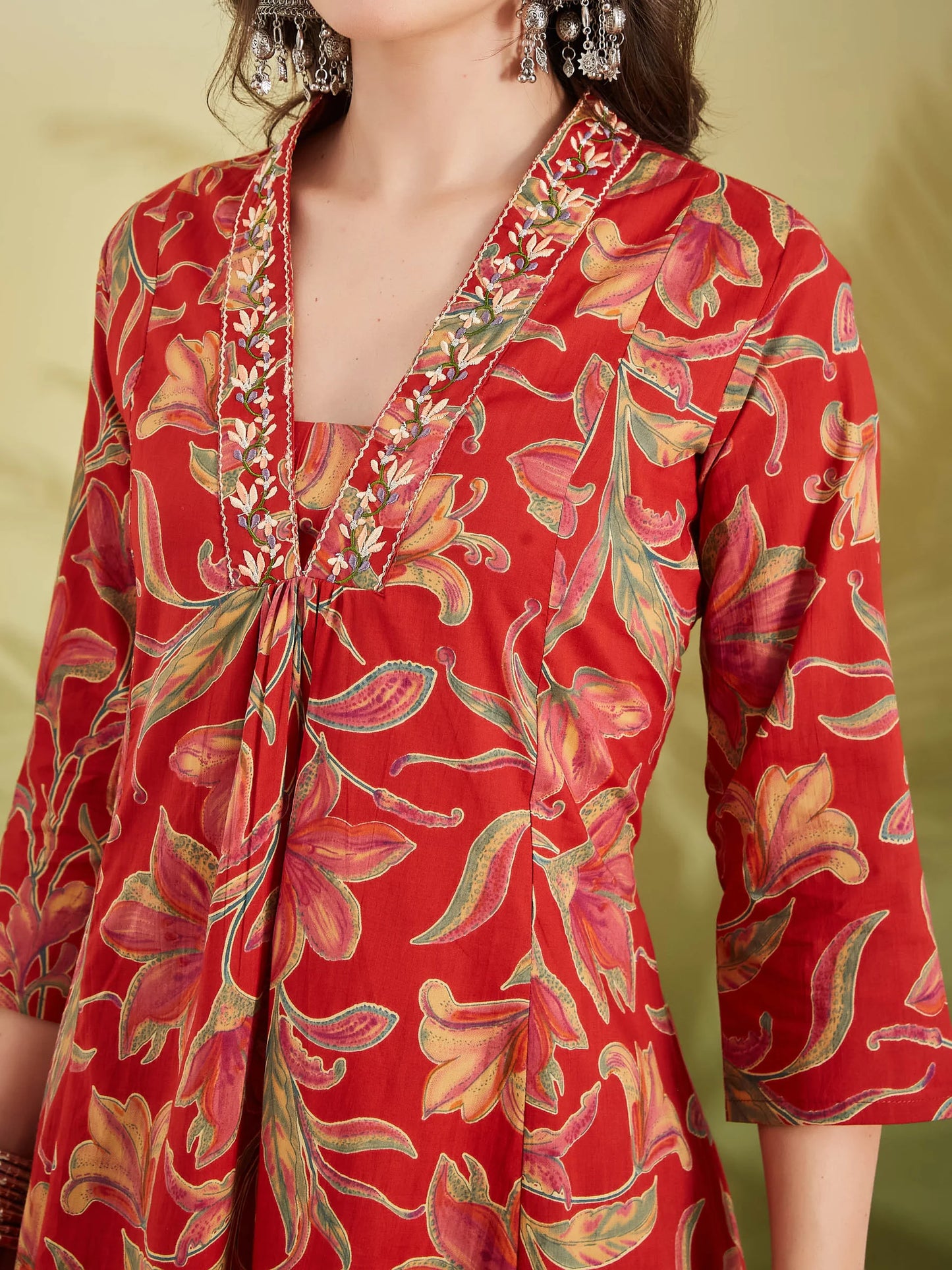 100% Cotton Red Floral Printed Kurta Palazzo Set for Women