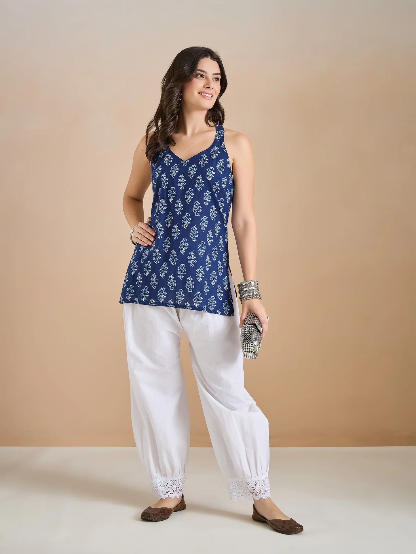 100% Cotton Blue Floral Printed Kurti - Vrishti