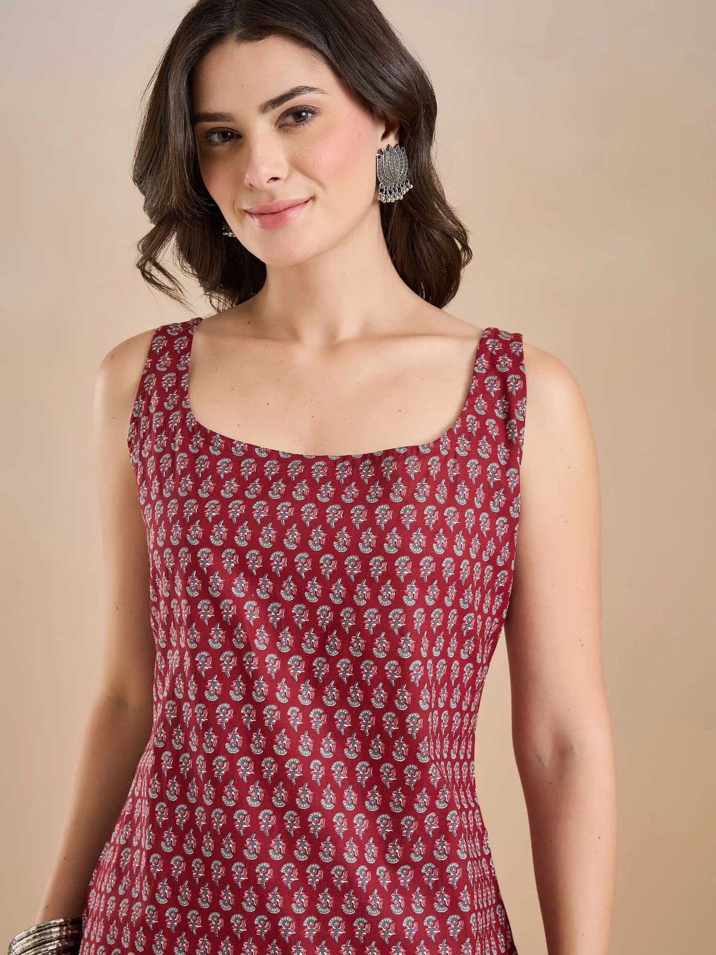 100% Cotton Maroon Printed Kurti - Kairavi
