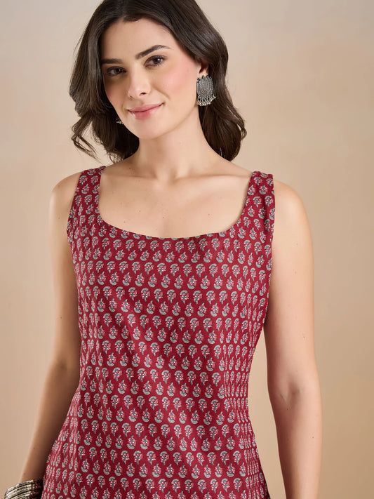 100% Cotton Maroon Printed Kurti - Kairavi