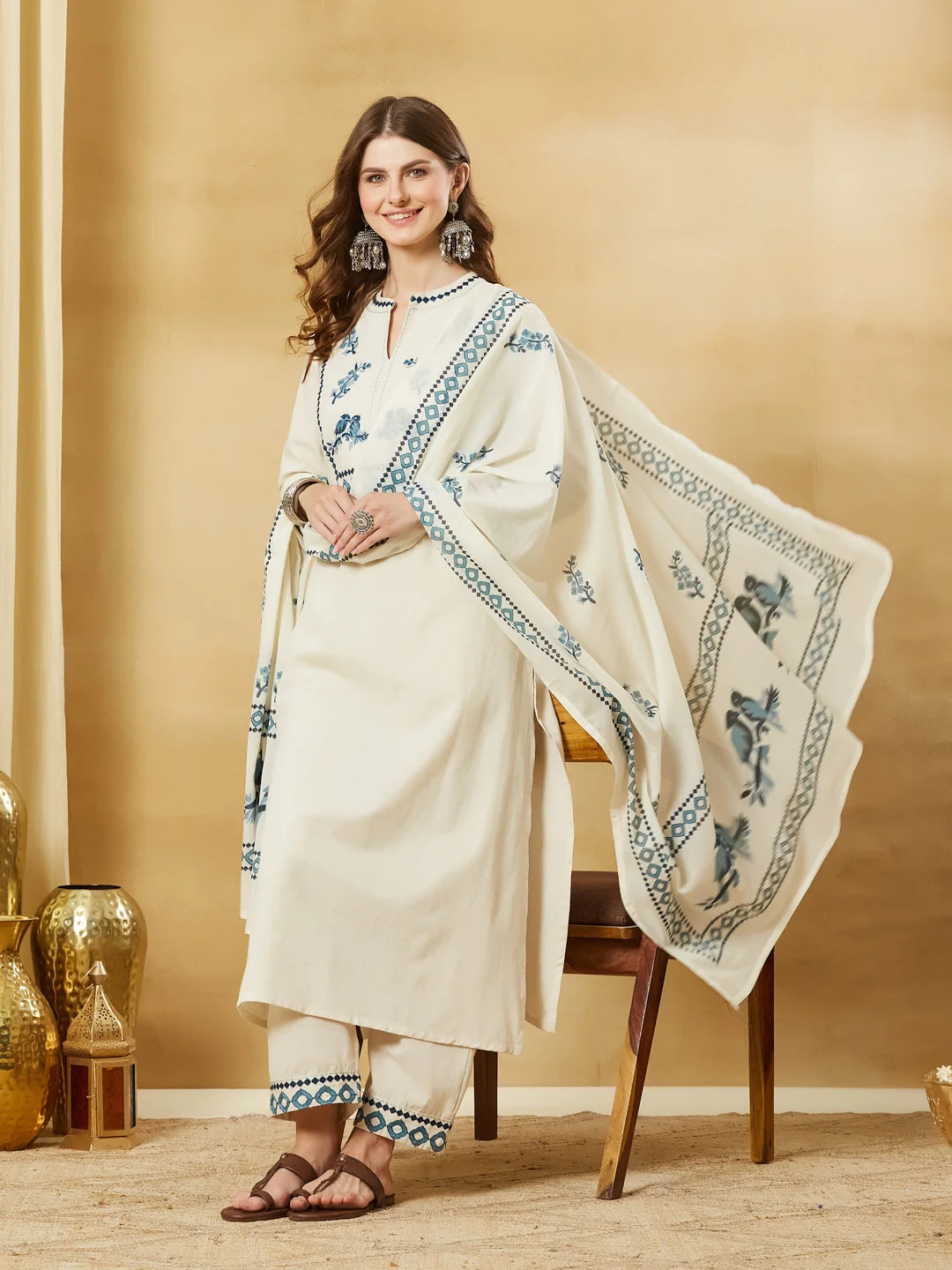Off White Blue Floral Printed Kurta Set with Dupatta