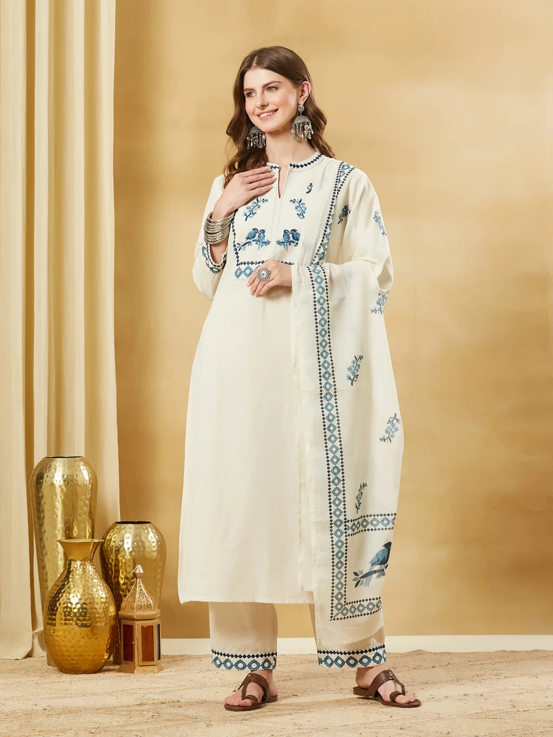 Off White Blue Floral Printed Kurta Set with Dupatta