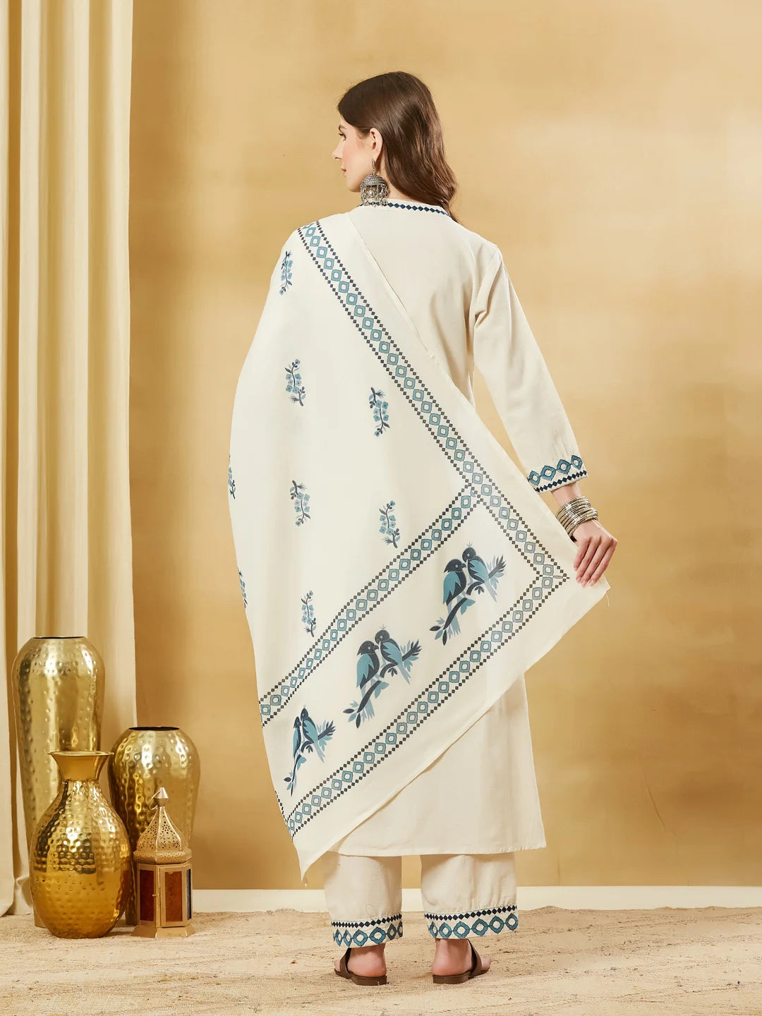 Off White Blue Floral Printed Kurta Set with Dupatta