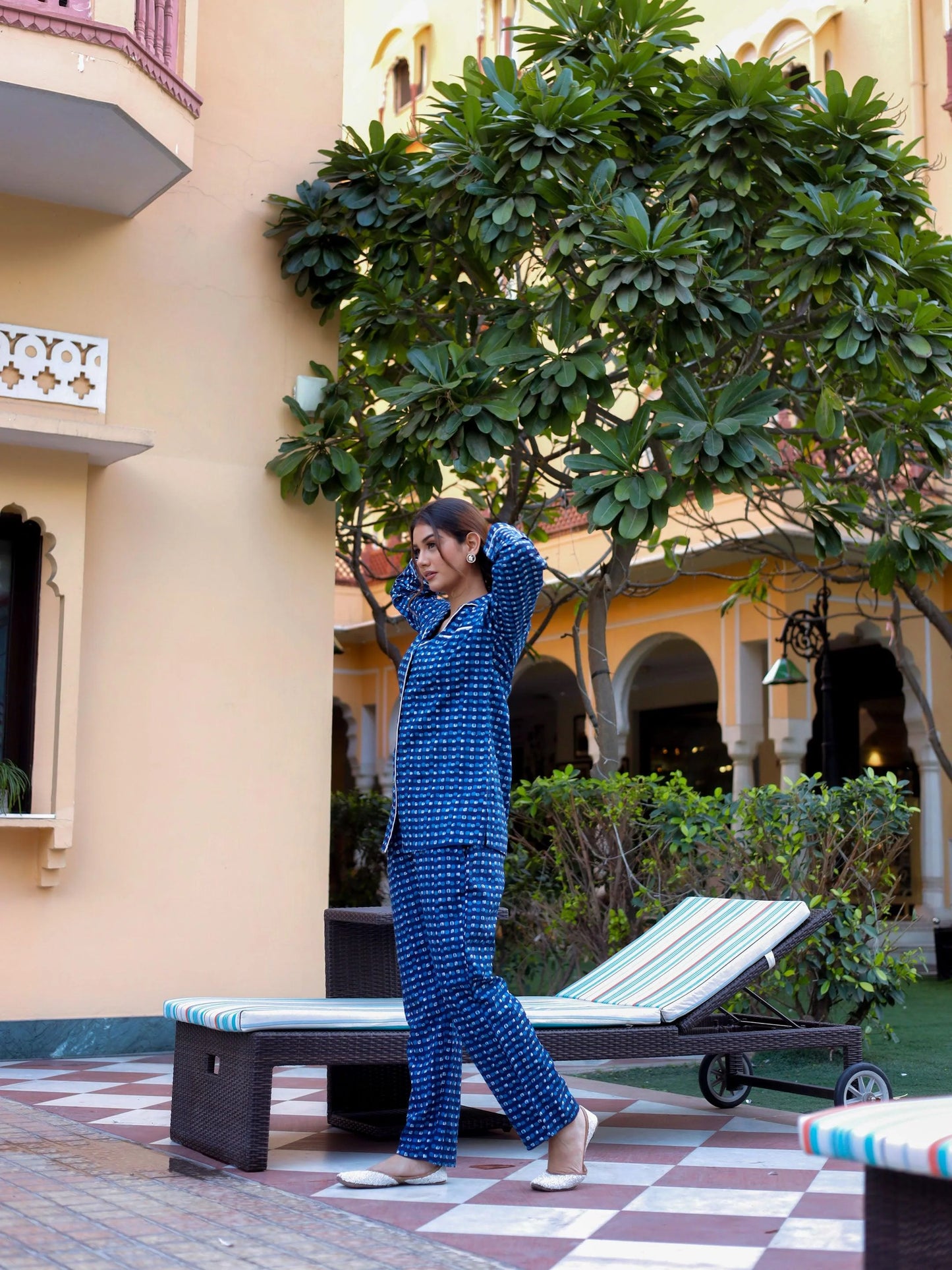 100% Cotton Blue Geometric Printed Full Length Night Suit
