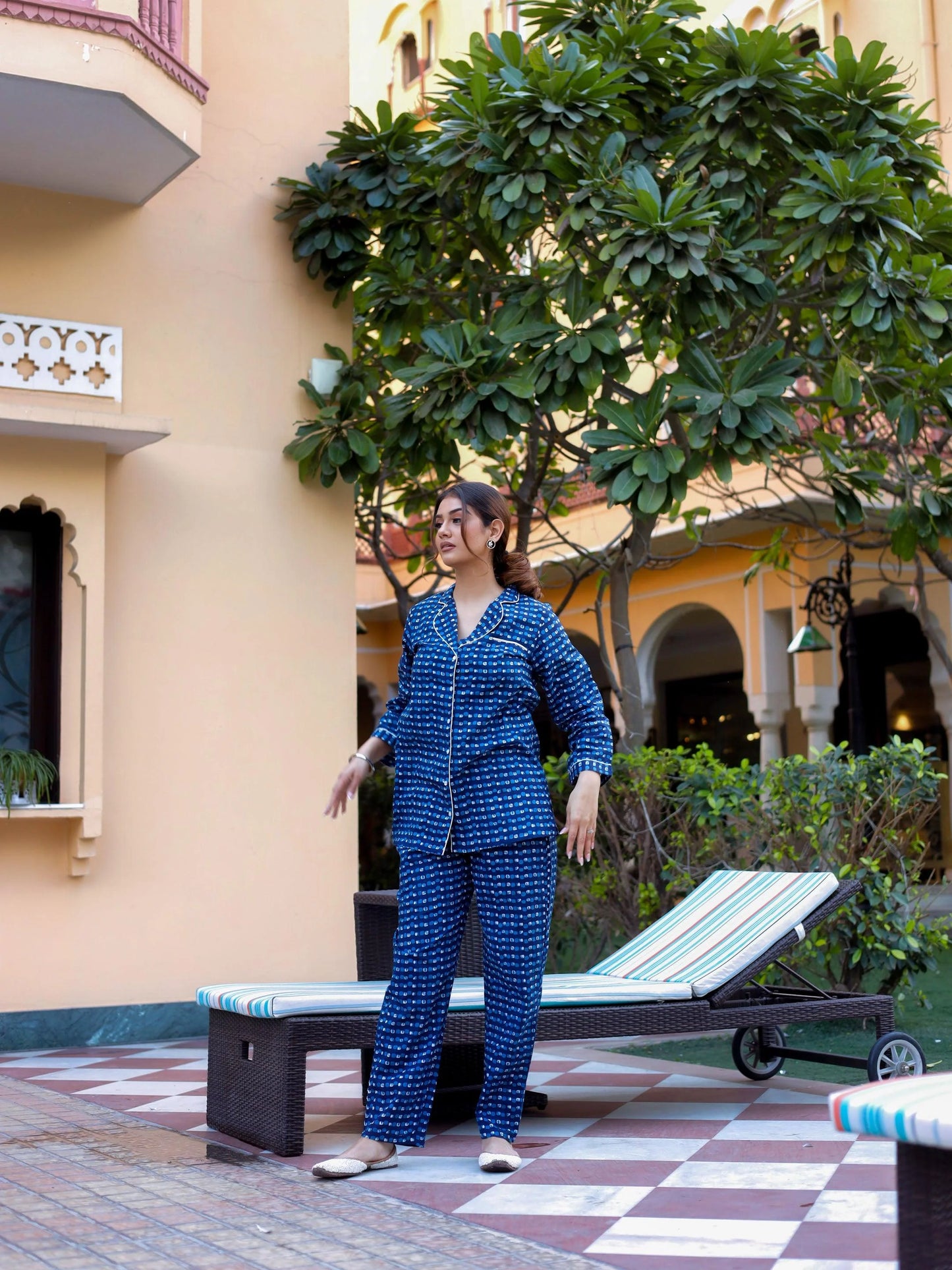 100% Cotton Blue Geometric Printed Full Length Night Suit