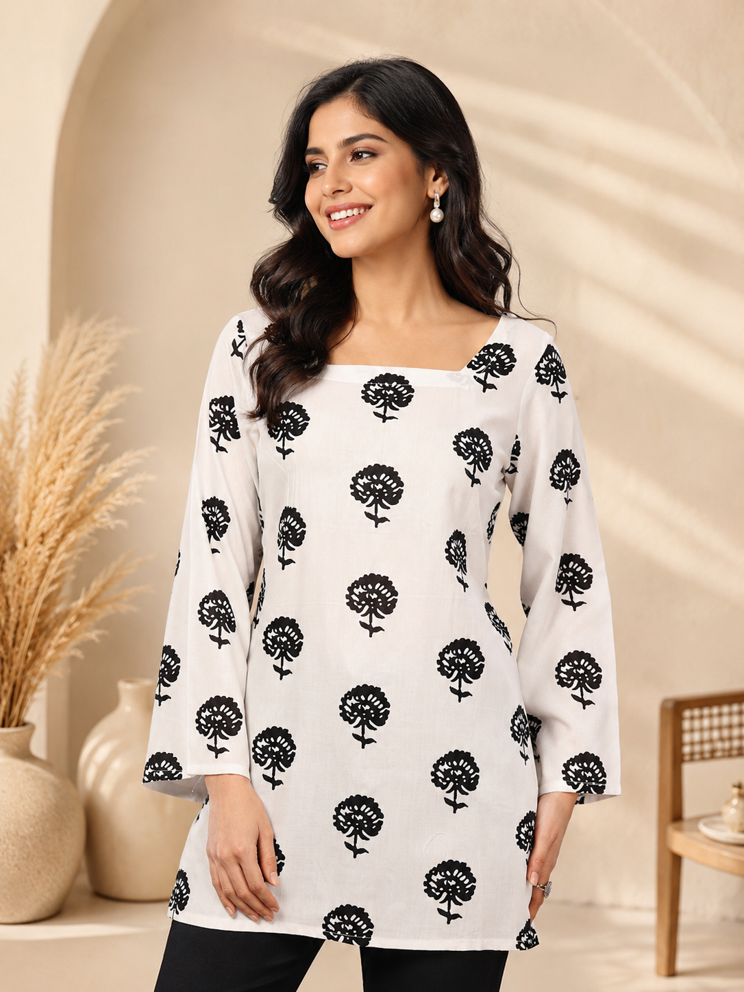 White Hand Block Printed Cotton Short Kurti With Back Tie.