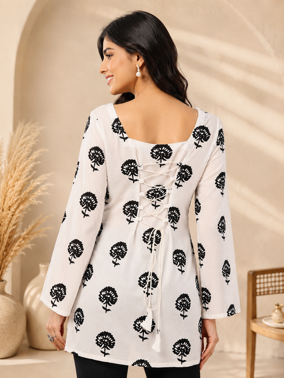 White Hand Block Printed Cotton Short Kurti With Back Tie.