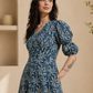 Aavinyaa Printed Cotton Blue Floral Puff Sleeve Dress with Pockets for Women