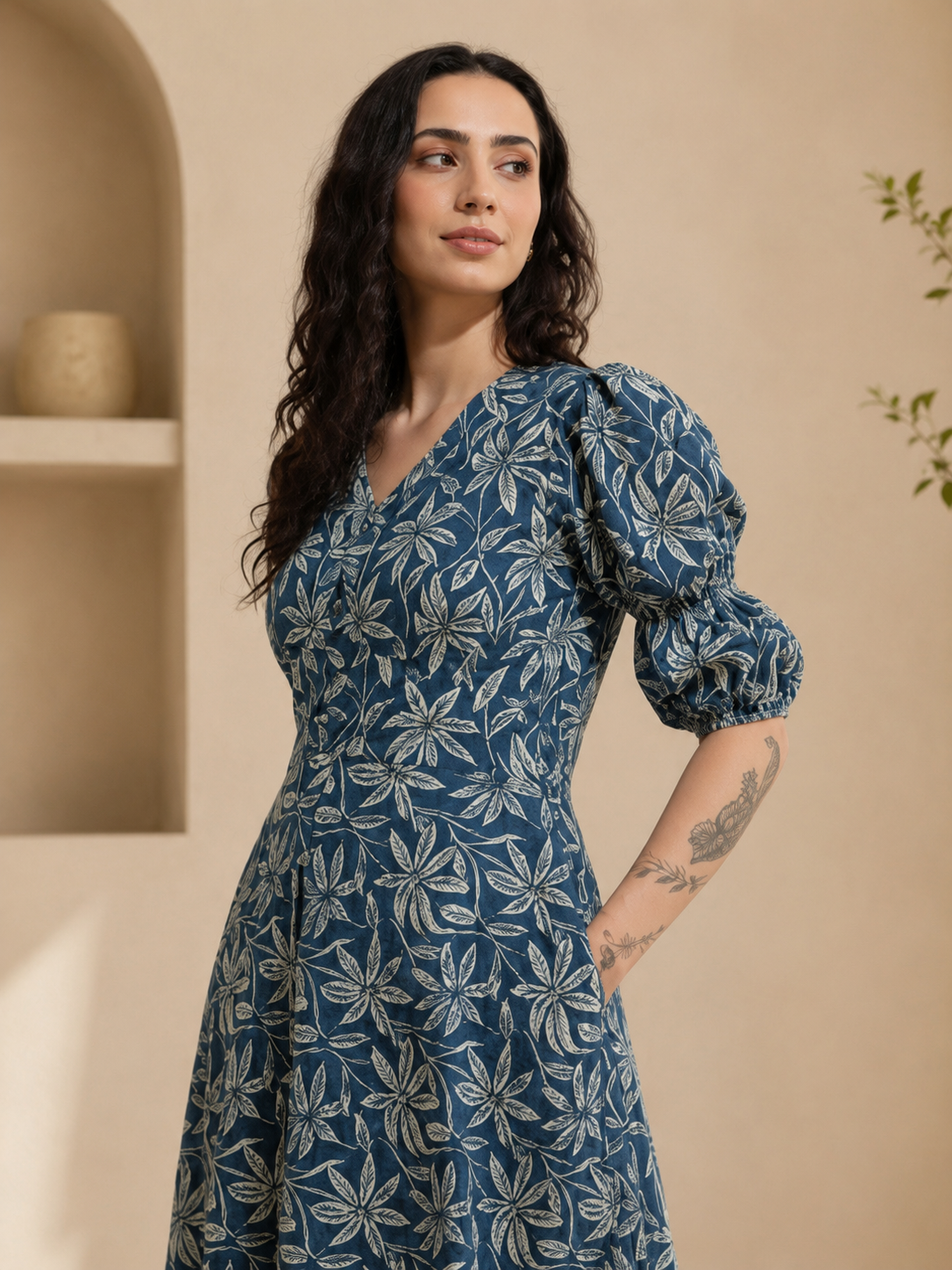 Aavinyaa Printed Cotton Blue Floral Puff Sleeve Dress with Pockets for Women