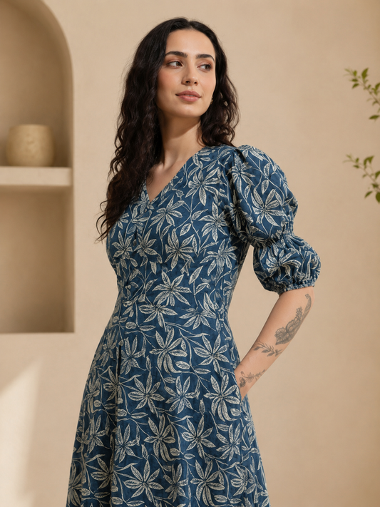 Aavinyaa Printed Cotton Blue Floral Puff Sleeve Dress with Pockets for Women