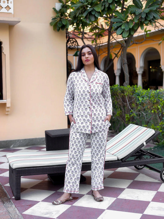 100% Cotton Off-White Block Printed Full Length Night Suit