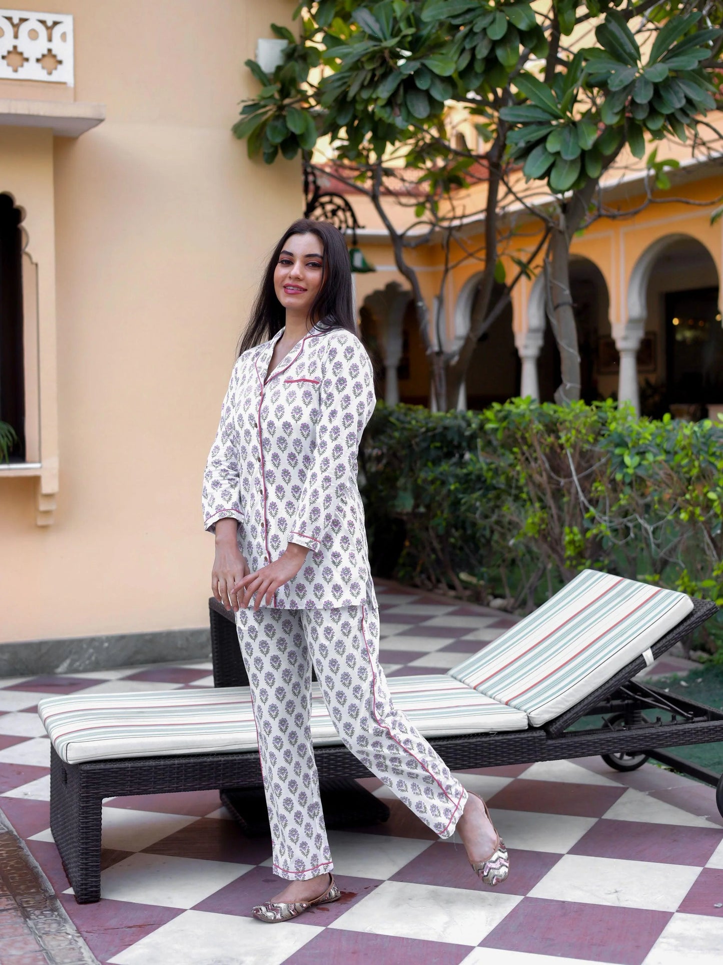 100% Cotton Off-White Block Printed Full Length Night Suit