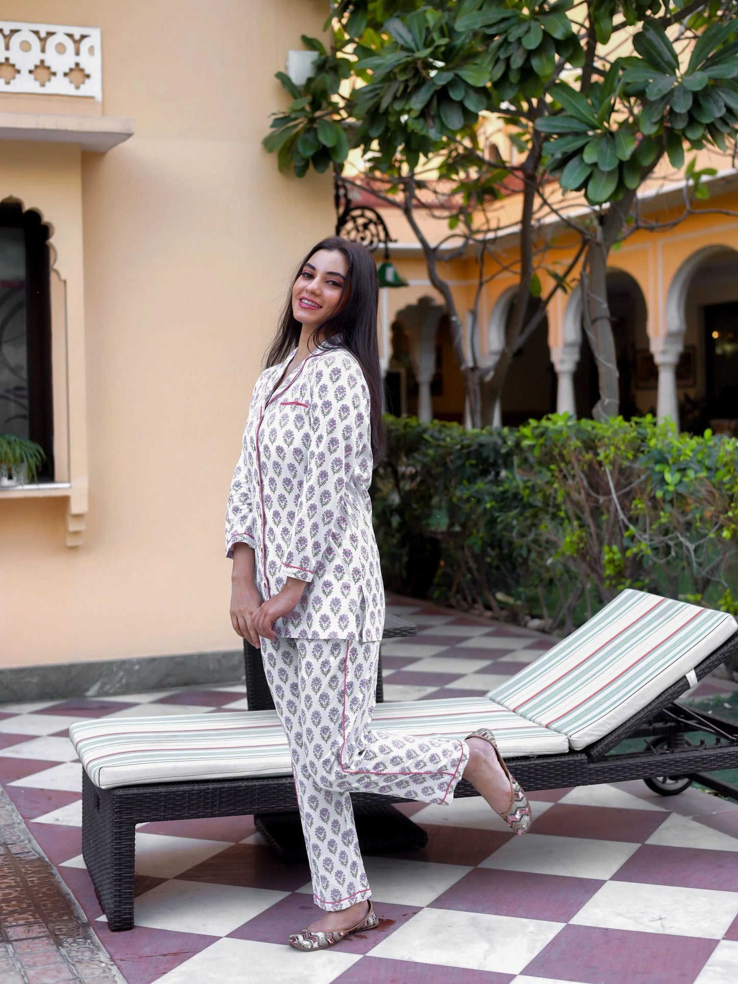 100% Cotton Off-White Block Printed Full Length Night Suit