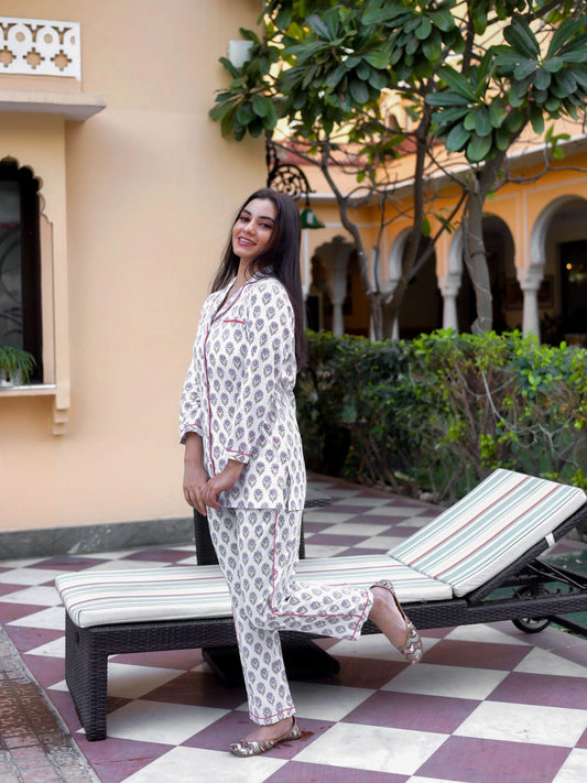 100% Cotton Off-White Block Printed Full Length Night Suit