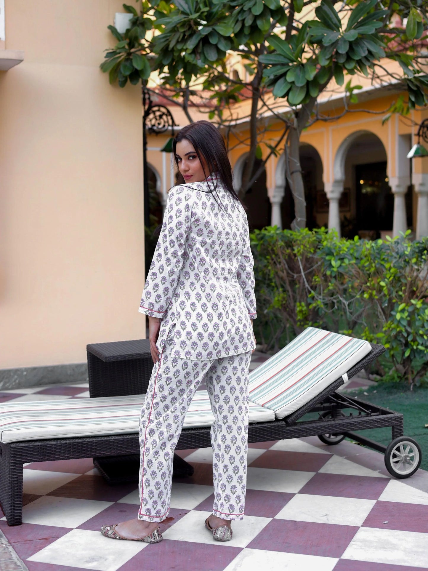 100% Cotton Off-White Block Printed Full Length Night Suit
