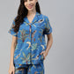 100% Cotton Blue Printed Shirt & Shorts Night Set for Women