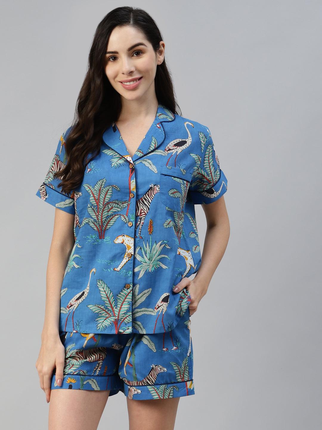 100% Cotton Blue Printed Shirt & Shorts Night Set for Women