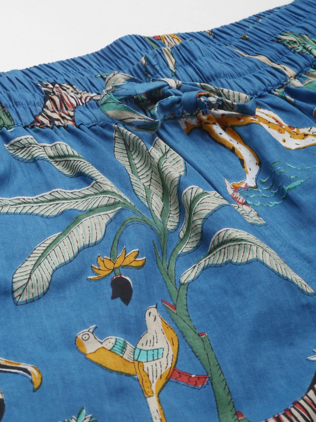 100% Cotton Blue Printed Shirt & Shorts Night Set for Women