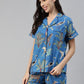 100% Cotton Blue Printed Shirt & Shorts Night Set for Women