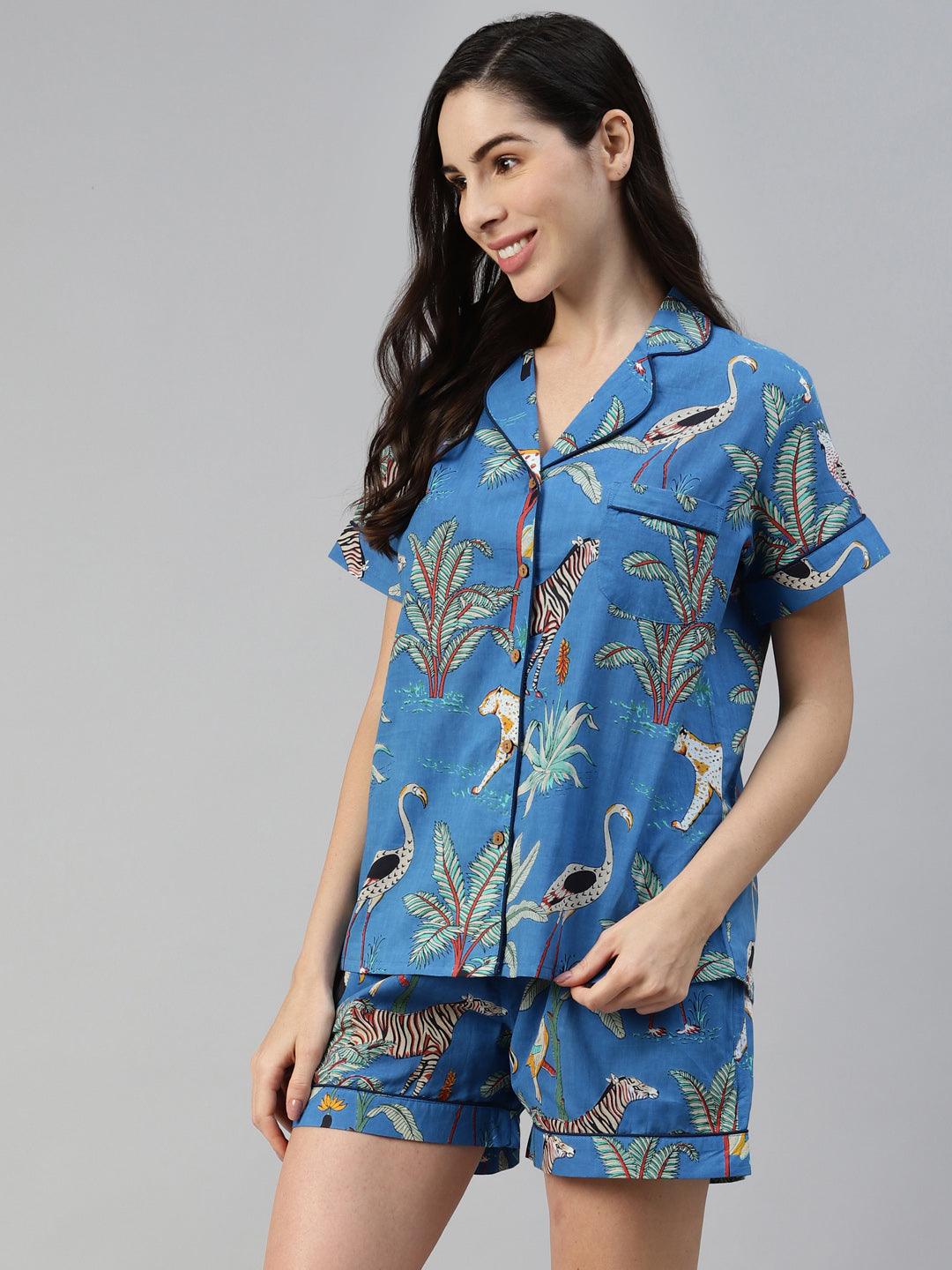 100% Cotton Blue Printed Shirt & Shorts Night Set for Women