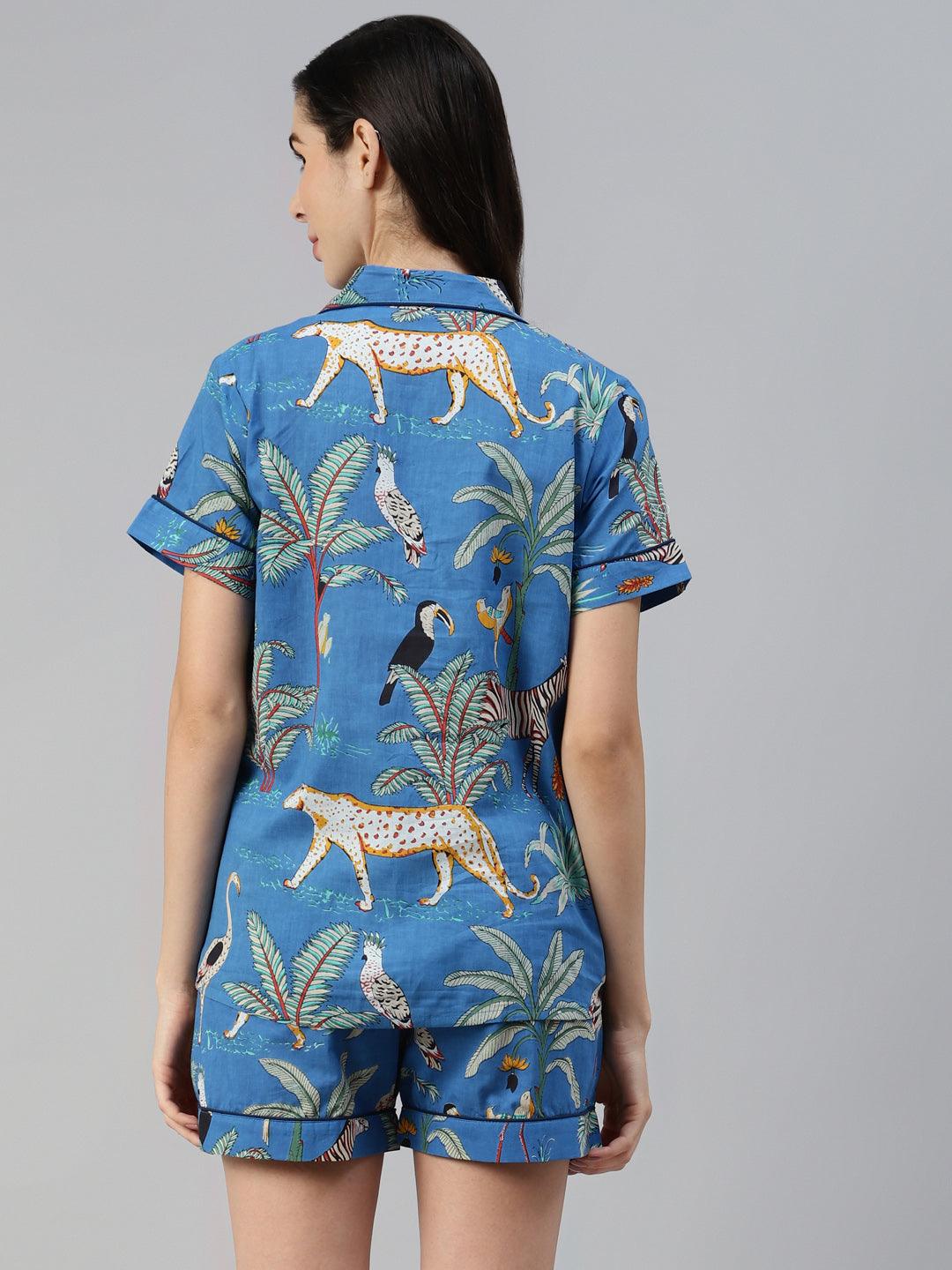 100% Cotton Blue Printed Shirt & Shorts Night Set for Women