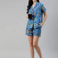 100% Cotton Blue Printed Shirt & Shorts Night Set for Women
