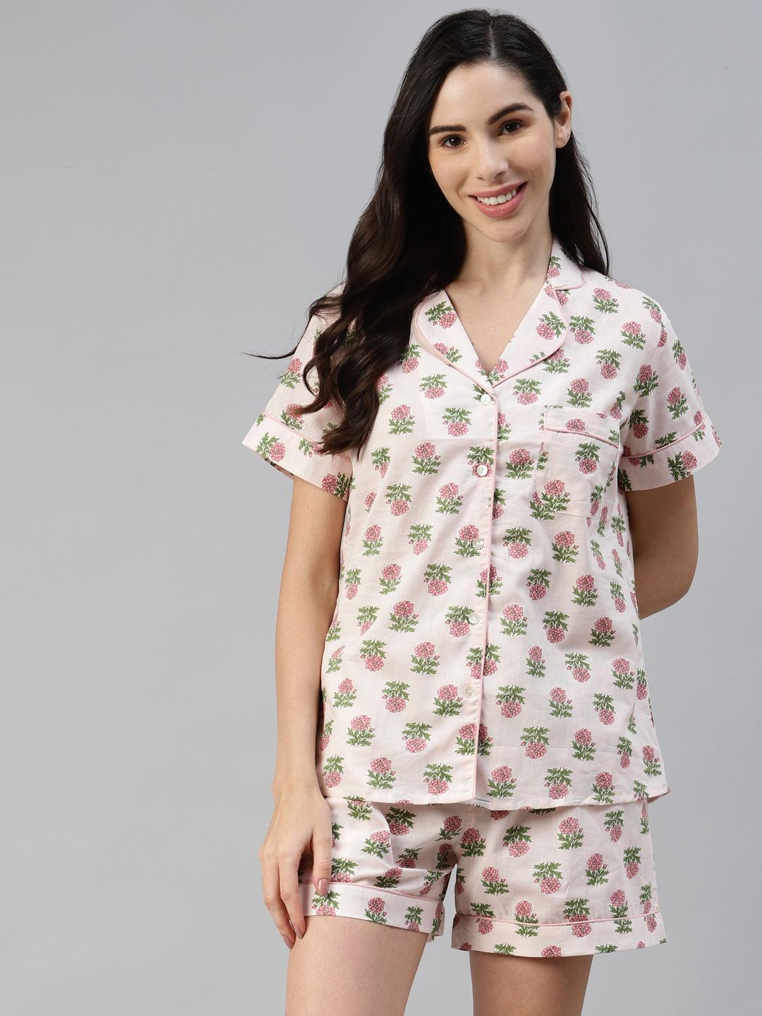 100% Cotton Blush Floral Shirt & Shorts Sleep Wear for Women