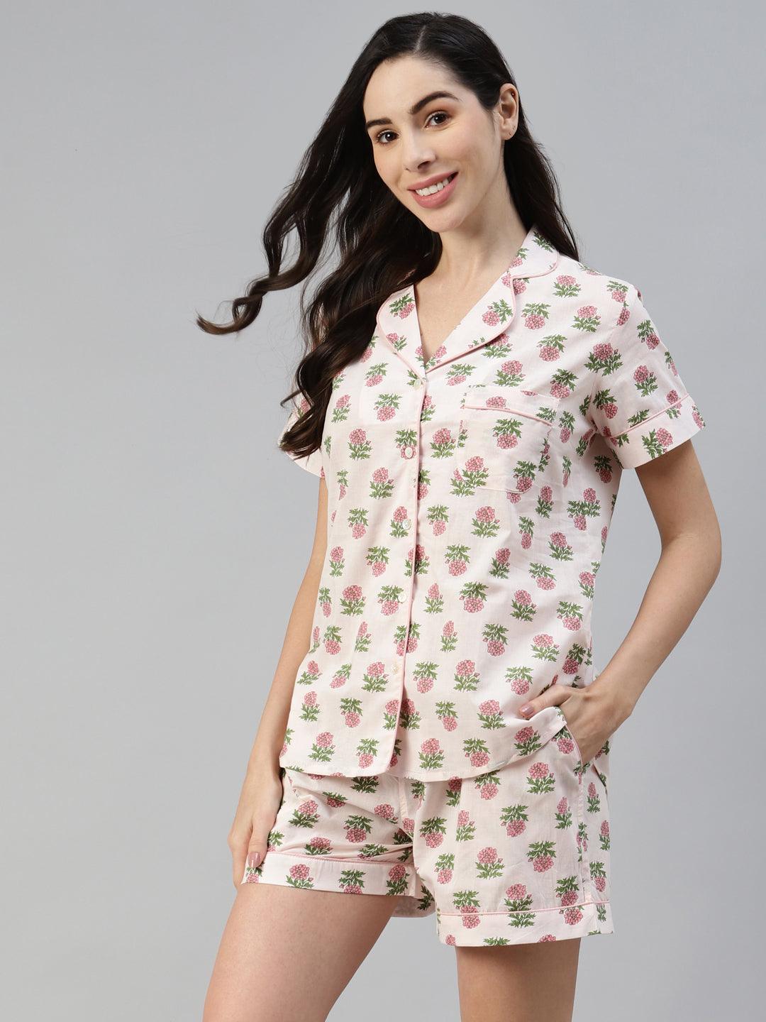 100% Cotton Blush Floral Shirt & Shorts Sleep Wear for Women