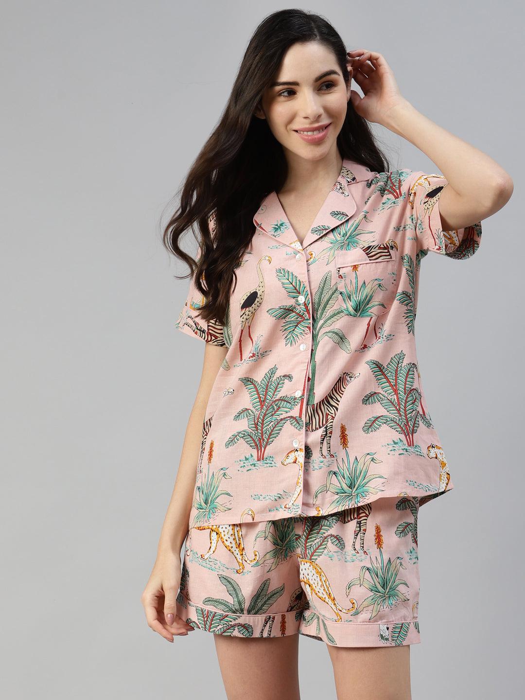 100% Cotton Women's Baby Pink Jungle Print Sleep Set