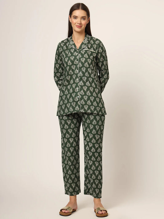 100% Cotton Green Leaf Printed Full Length Night Suit