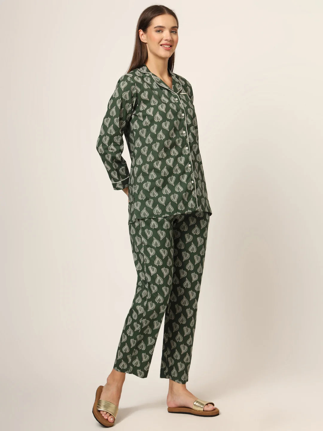100% Cotton Green Leaf Printed Full Length Night Suit