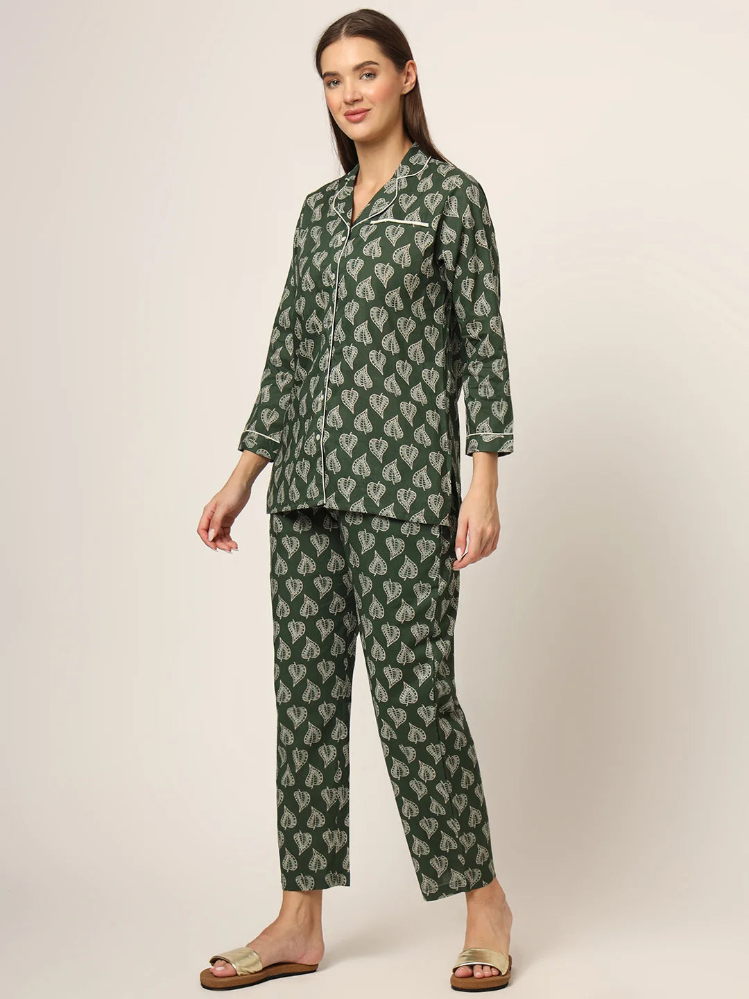 100% Cotton Green Leaf Printed Full Length Night Suit